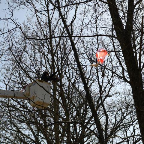 Right of way crew in bucket with balloon in tree