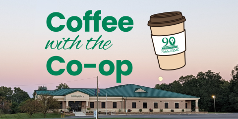 Photo of front of our office with a coffee cup graphic overlaid