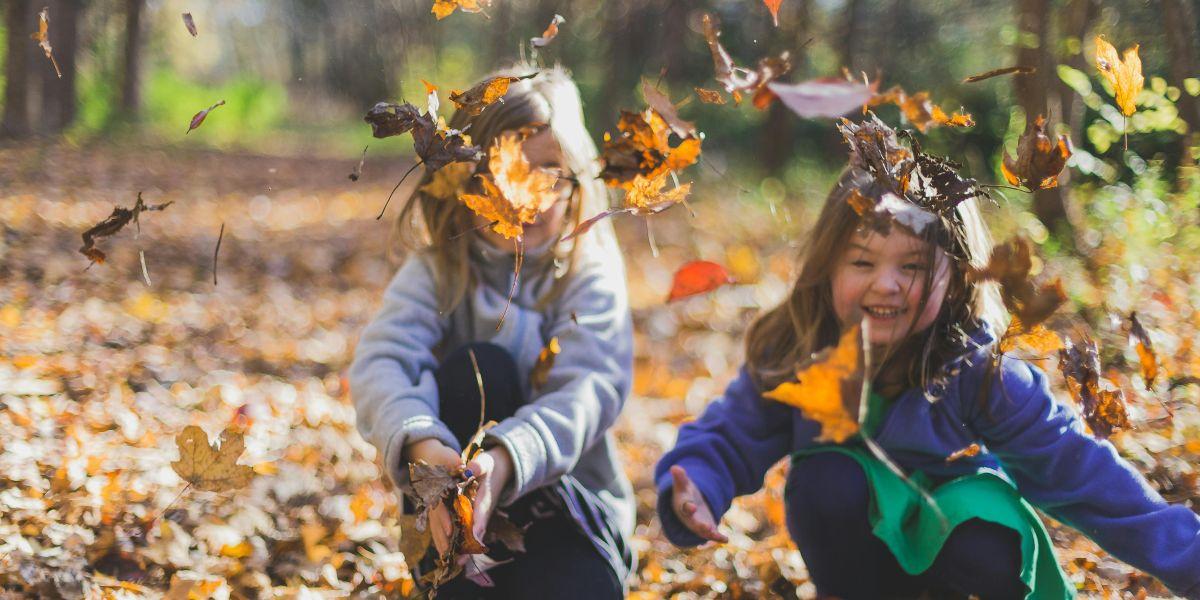 Children playing in fall leaves